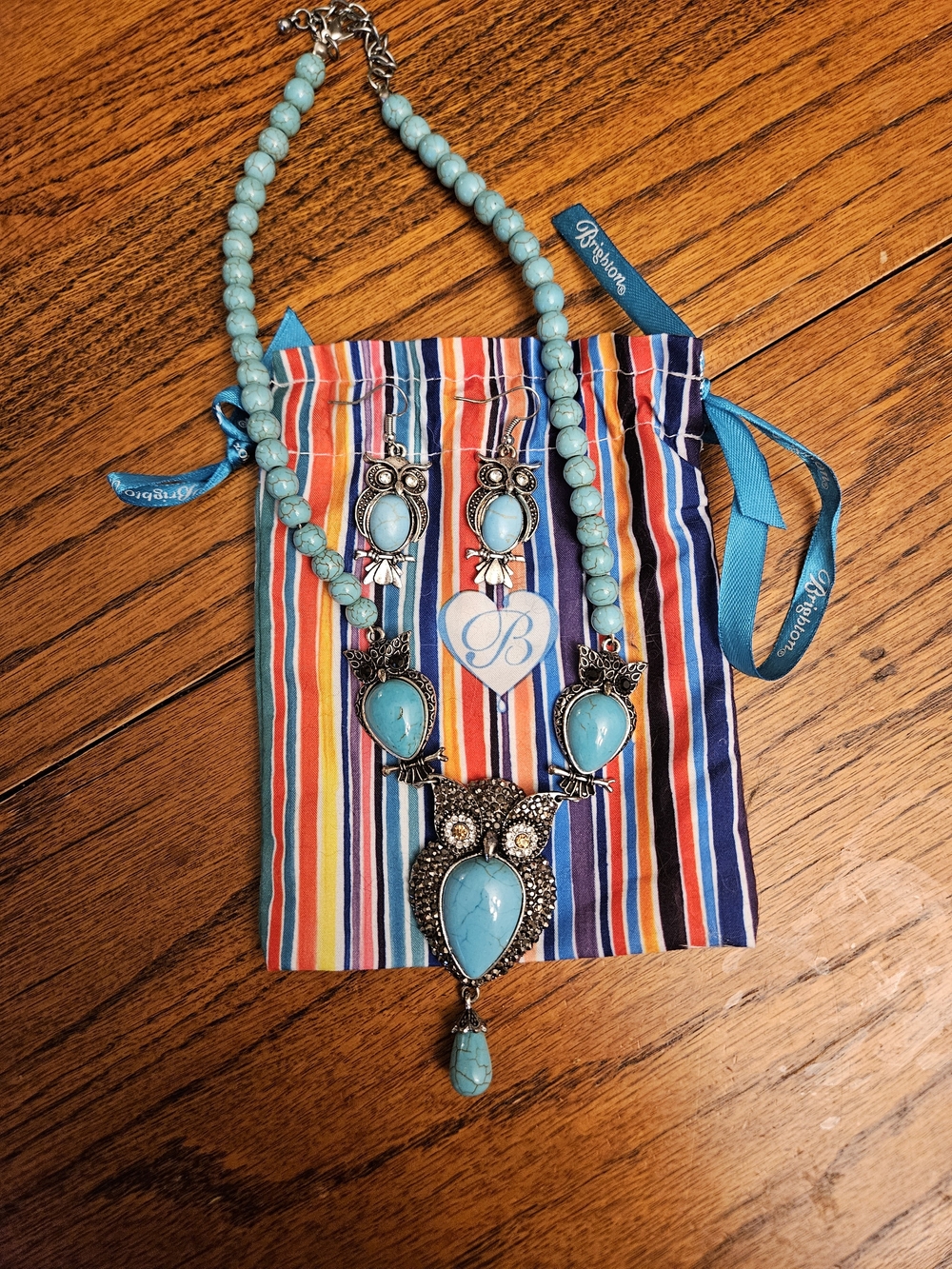 Turquoise Owl Pendant Necklace and Earrings Set Costume Jewerly Source Unknown